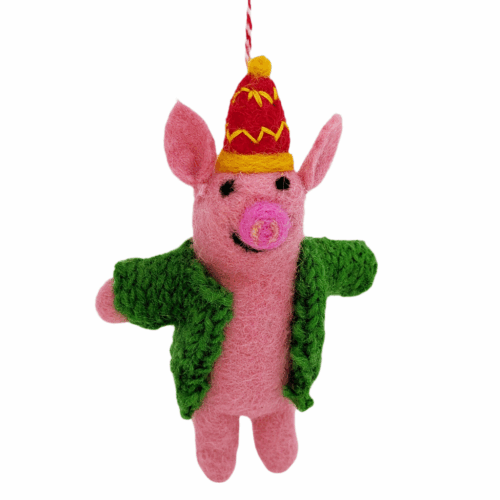 Filzhänger Schwein mit grüner Jacke