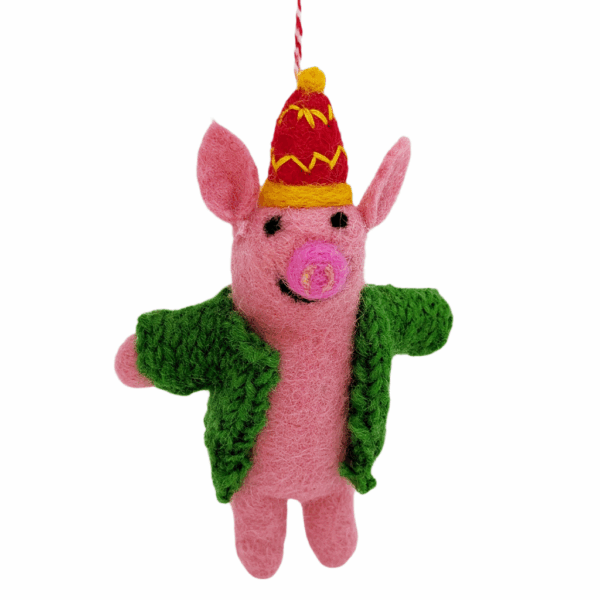 Felt Ornament Pig with Green Jacket